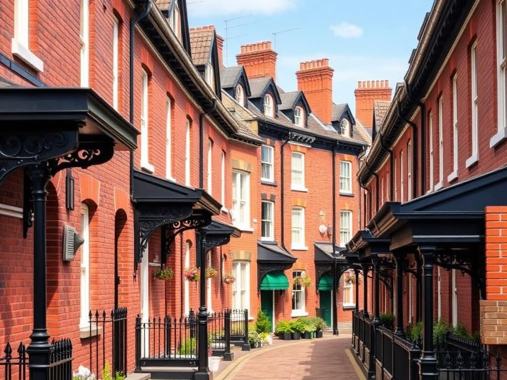 Row of Victorian red brick terraced houses with cast iron canopies, gutters and downpipes
