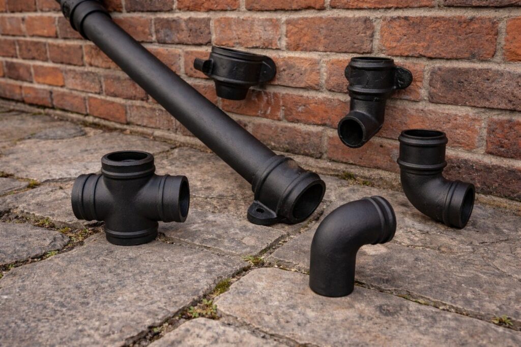 Black cast iron rainwater pipe fittings, including bends, a branch and a shoe, beside a brick wall
