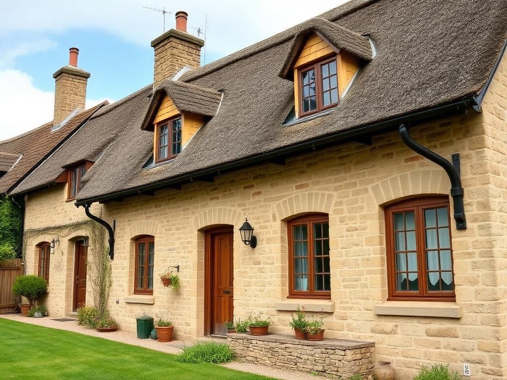 Stone farmhouse with dormer windows and a black cast iron gutter and downpipe