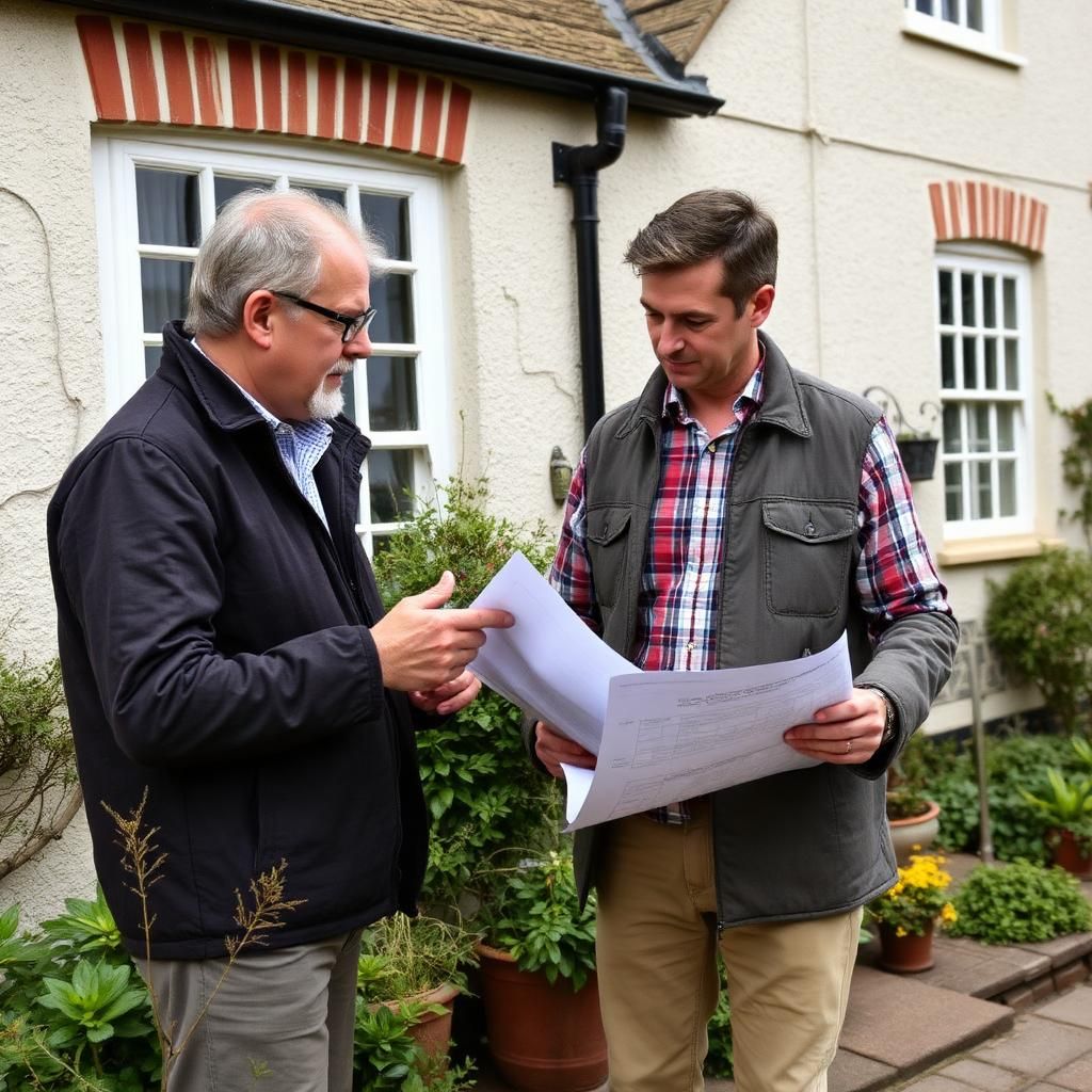 Two people reviewing drawings outside a period house