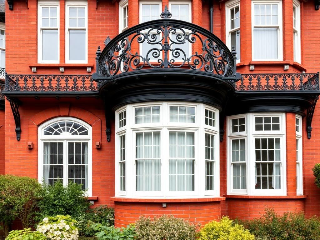 Victorian red brick villa with an ornate cast iron balcony above a white bay window