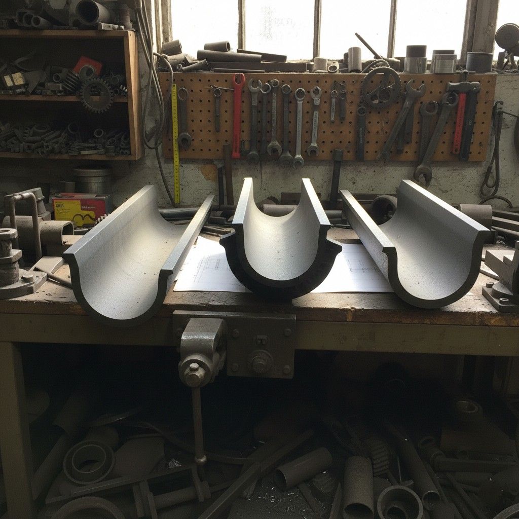 Cast iron half round gutter sections on a workshop bench