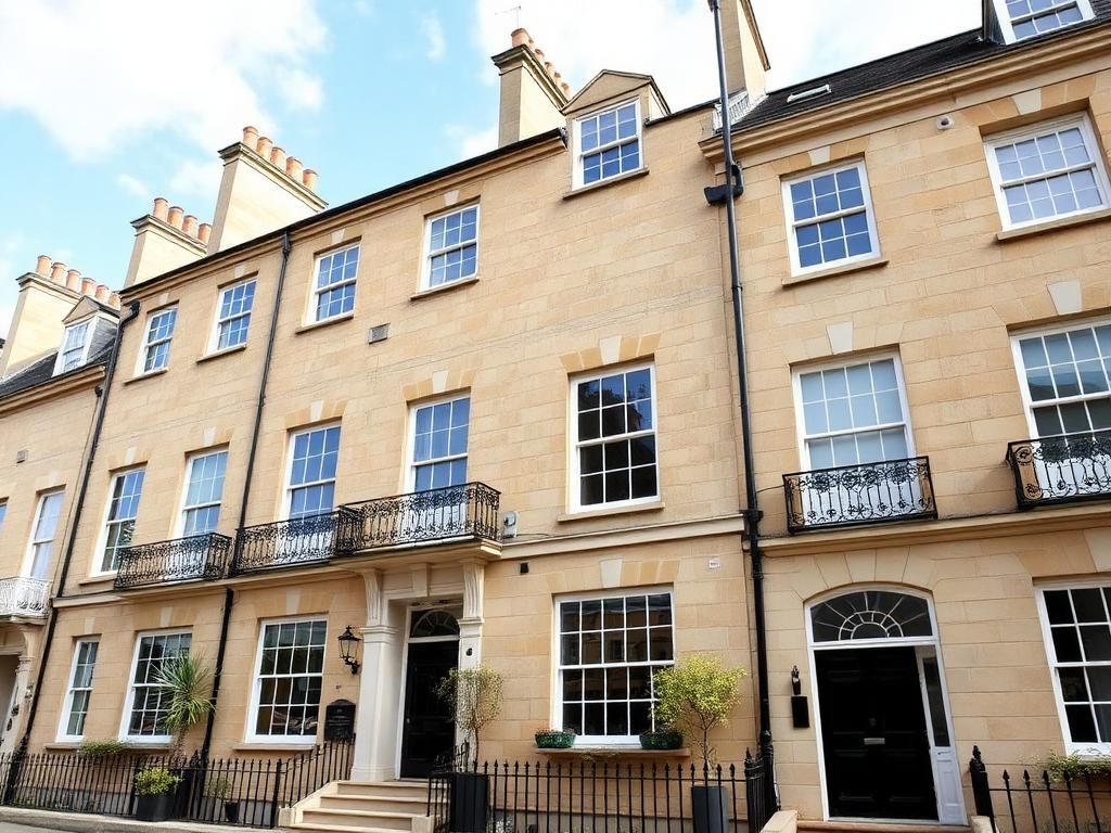 Georgian stone townhouse terrace with black cast iron balconettes