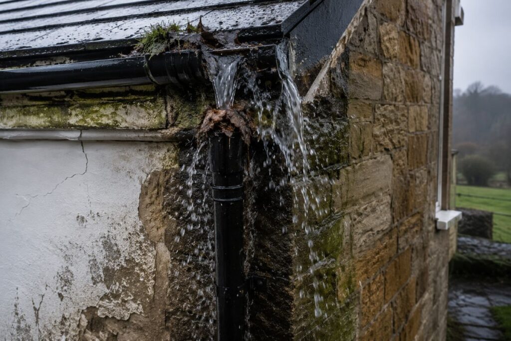 Locked downpipe connection to gutter overflowing with a stone bulb in the background.