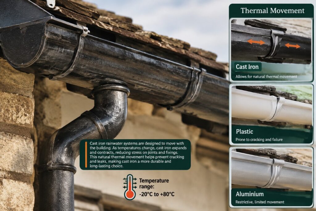 Image of cast iron gutter and description of the thermal movement in comparison to other metals and plastic rainwater systems.