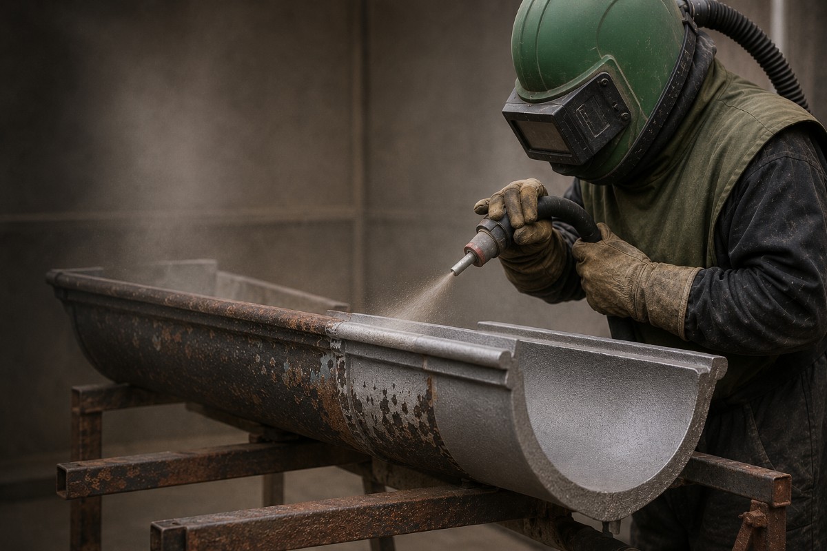 Shot blasting, stripping and preparing cast iron gutters.