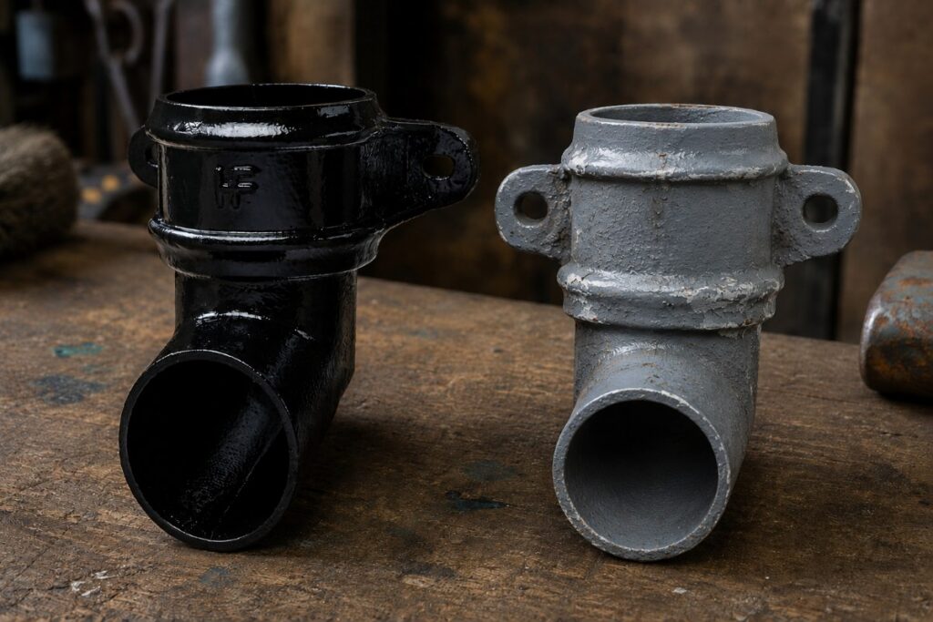 Two pipe shoes for cast iron downpipes. One is good quality and in a black paint finish. One is a very poor quality casting in a grey paint finish.
