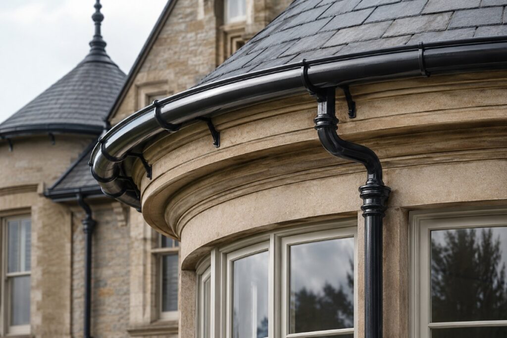 A bay window in Scotland showing a curved radius cast iron gutter and downpipe.