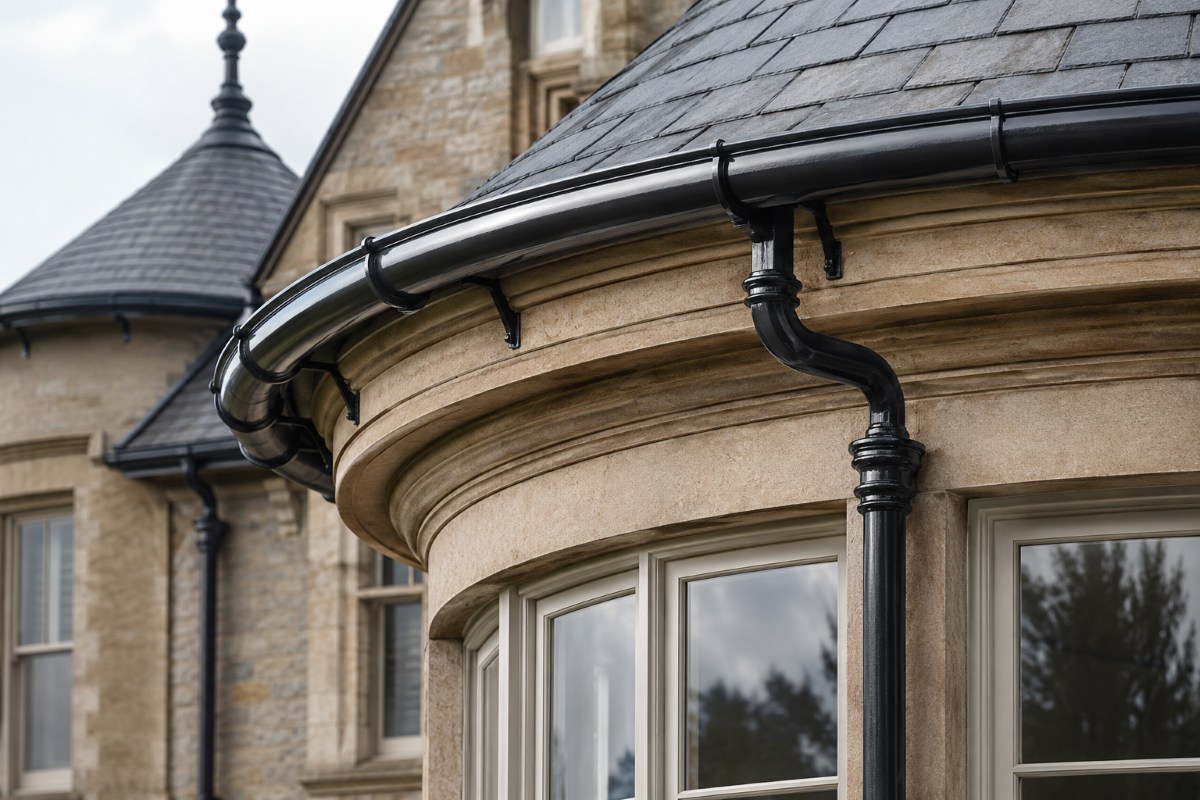 A bay window in Scotland showing a curved radius cast iron gutter and downpipe.