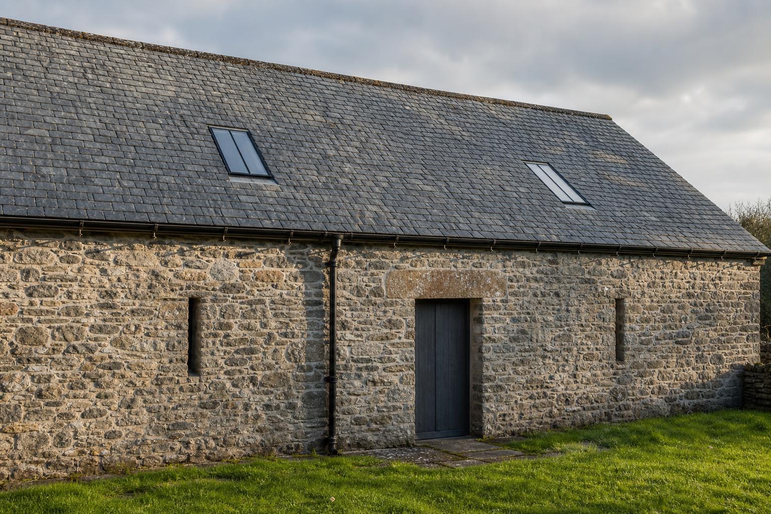 Converted stone barn with two flush black steel rooflights on a long slate roof and black cast iron half-round guttering
