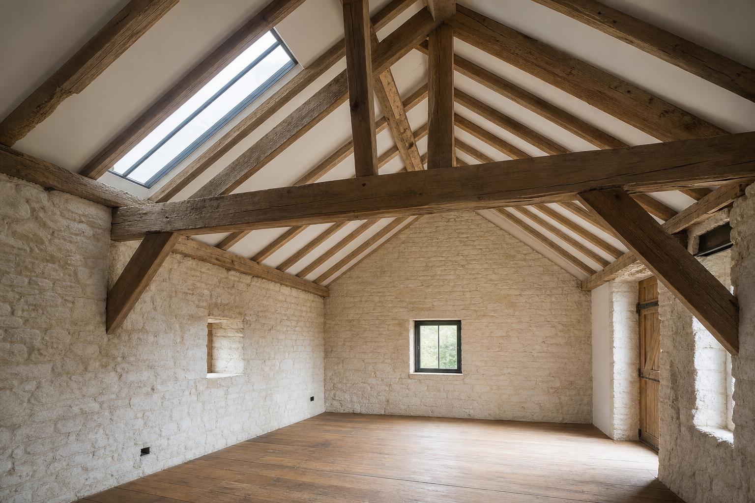 Conservation rooflight in the roof of a converted barn with exposed oak trusses and limewashed stone walls