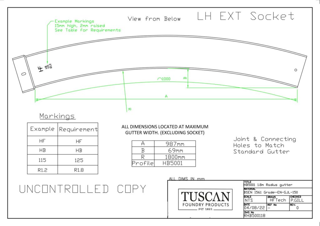 Technical drawing of a curved cast iron beaded gutter, 1800mm radius
