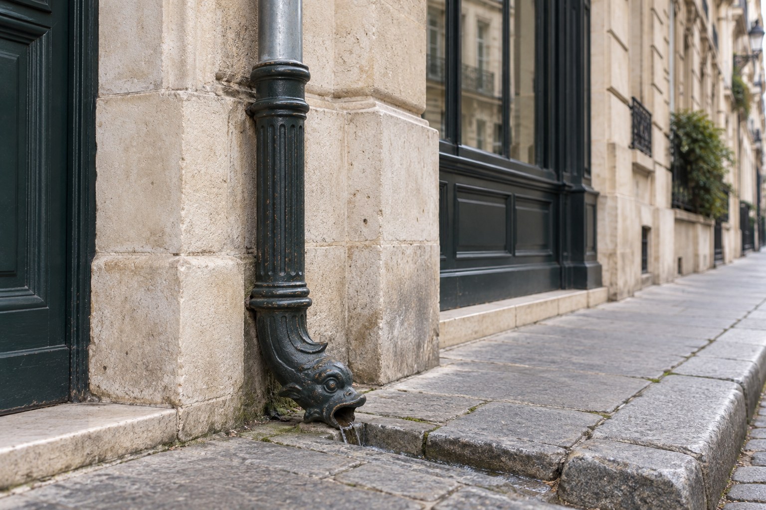 Fluted cast iron dauphin with fish-head spout at the foot of a zinc downpipe on a Parisian limestone façade