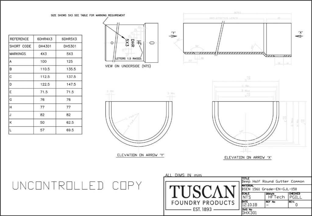 Technical drawing of a cast iron deep half round gutter profile