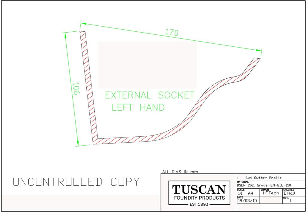 Technical drawing of a 6x4 deep Ogee cast iron gutter, external socket left hand