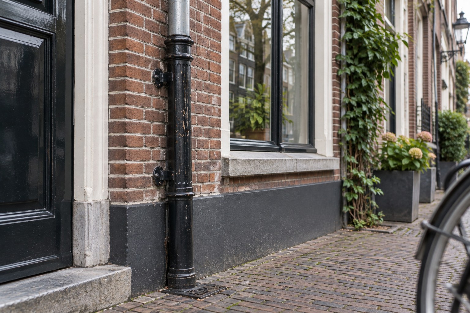 Plain round cast iron downpipe base section on a Dutch brick canal house