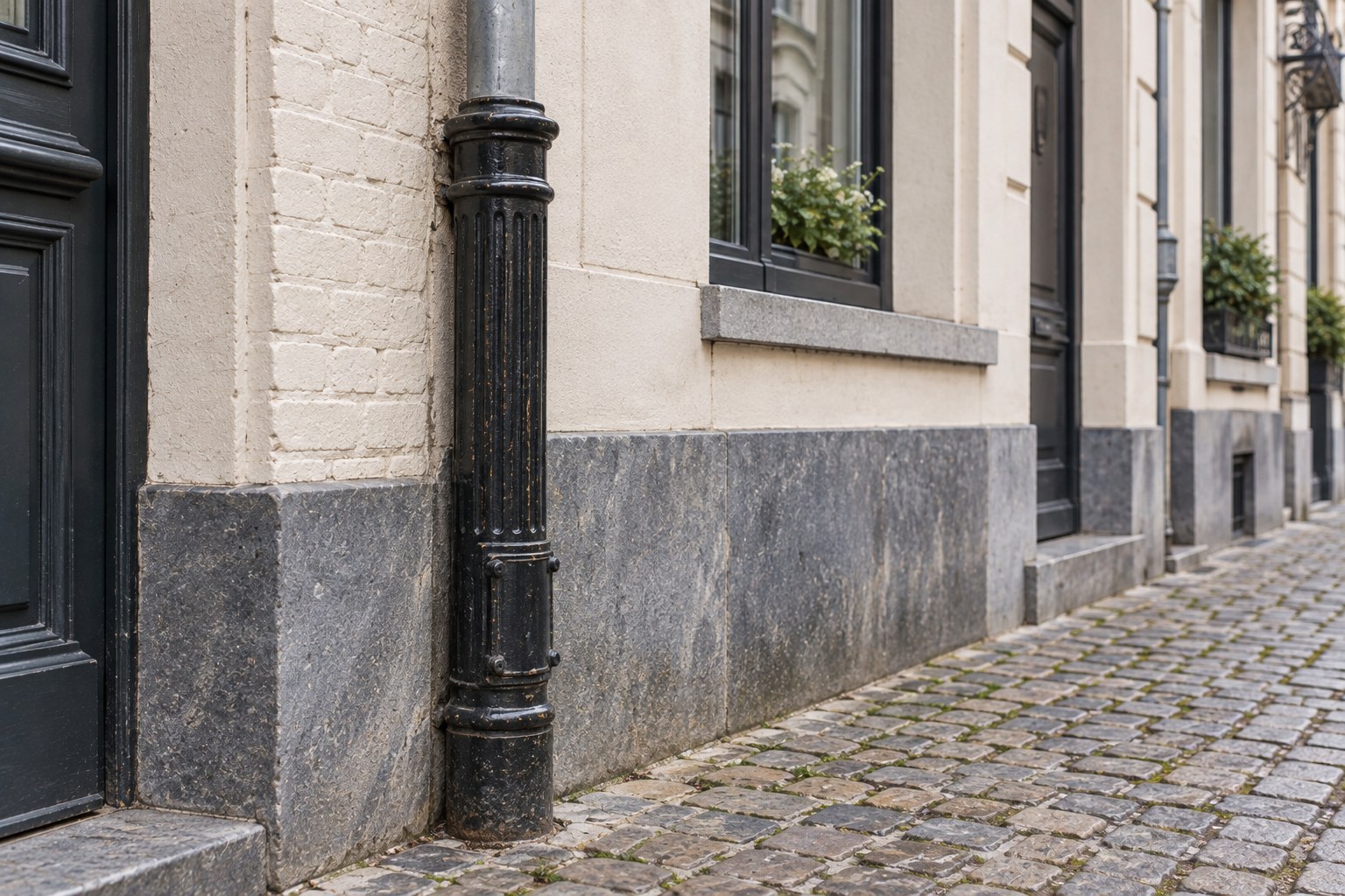 Fluted cast iron downpipe base section on a Belgian townhouse with a bluestone plinth