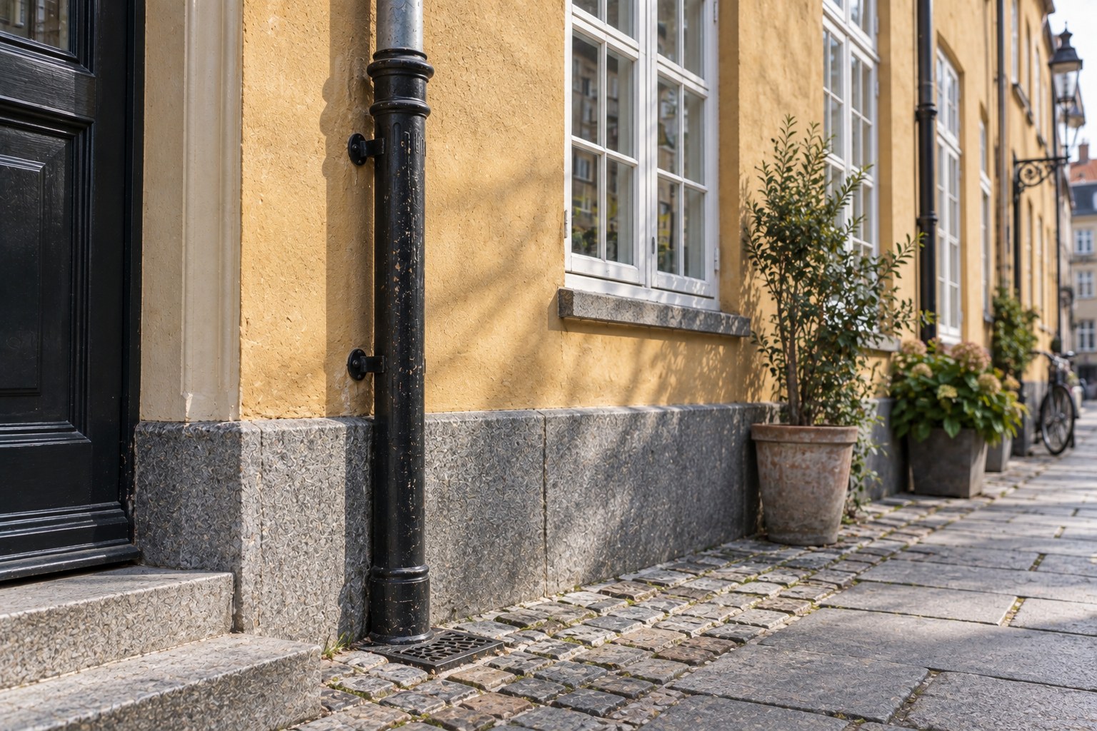Two-metre cast iron downpipe base section on a Danish rendered townhouse with a granite plinth