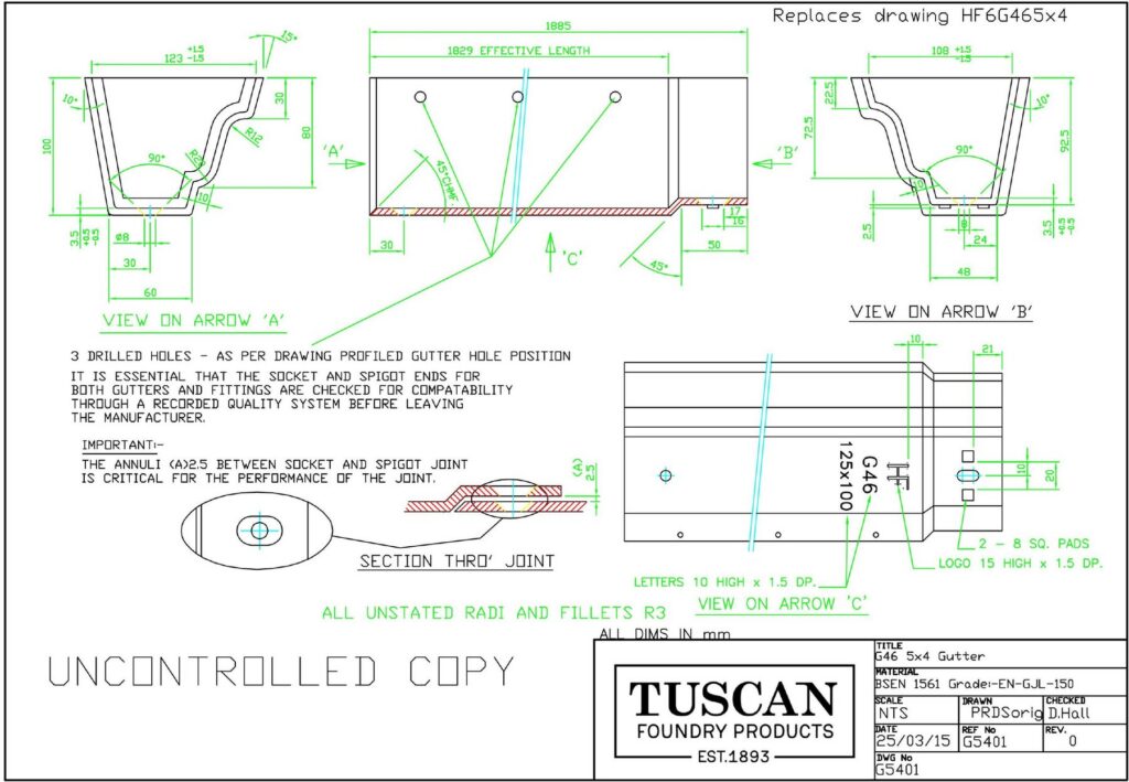 Technical drawing of the G46 moulded Ogee cast iron gutter, 125 x 75mm