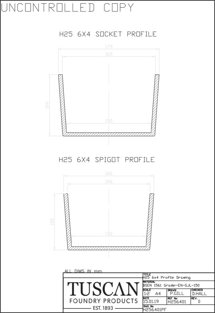 Technical drawing of the H25 cast iron box gutter, 6x4, socket and spigot