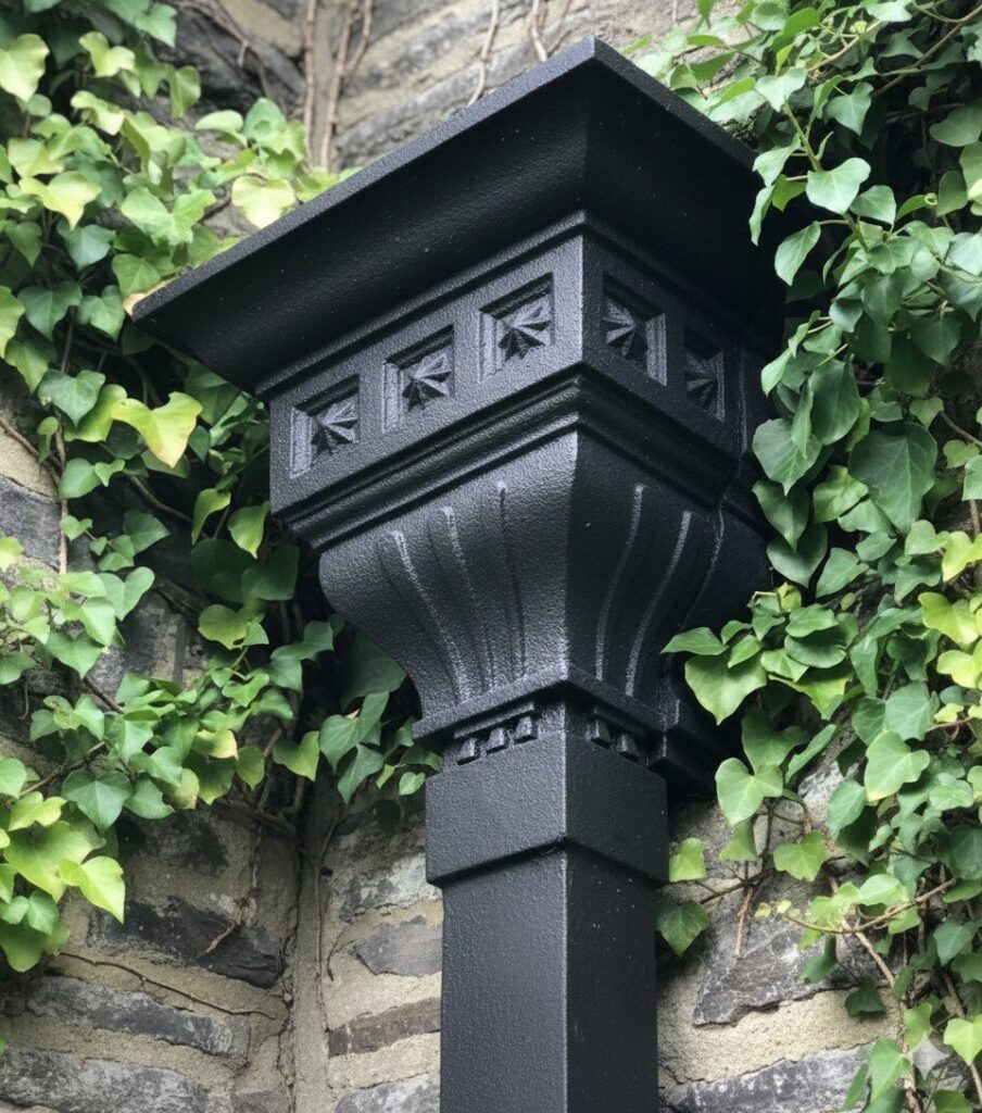 Bespoke cast iron hopper head with quatrefoil and floral banding, Edinburgh