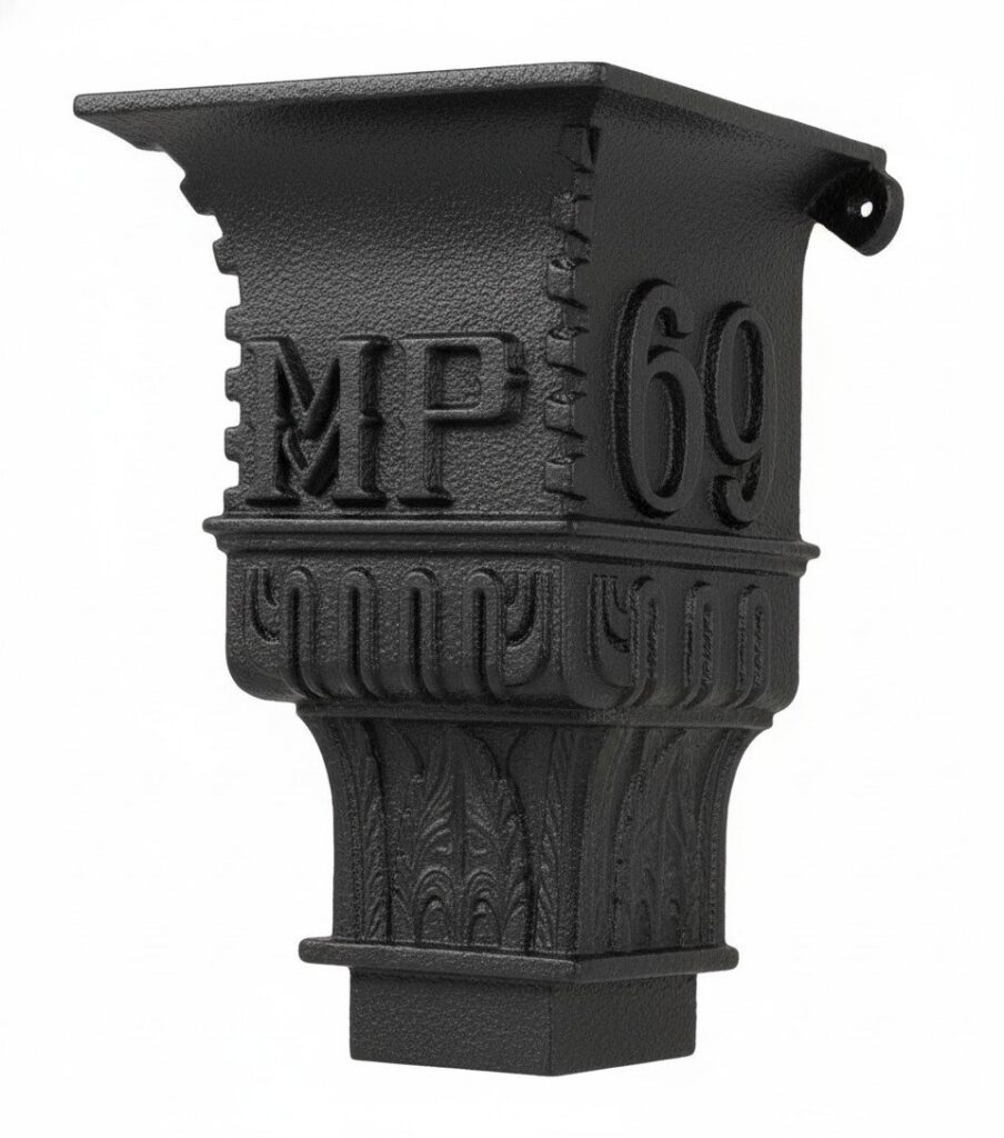 Manston cast iron hopper head, No.524, cast with initials and house number