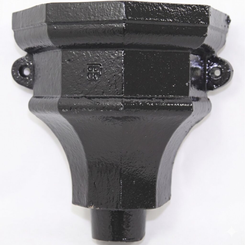 Saxby cast iron hopper head, No.2, corner form with fixing ears