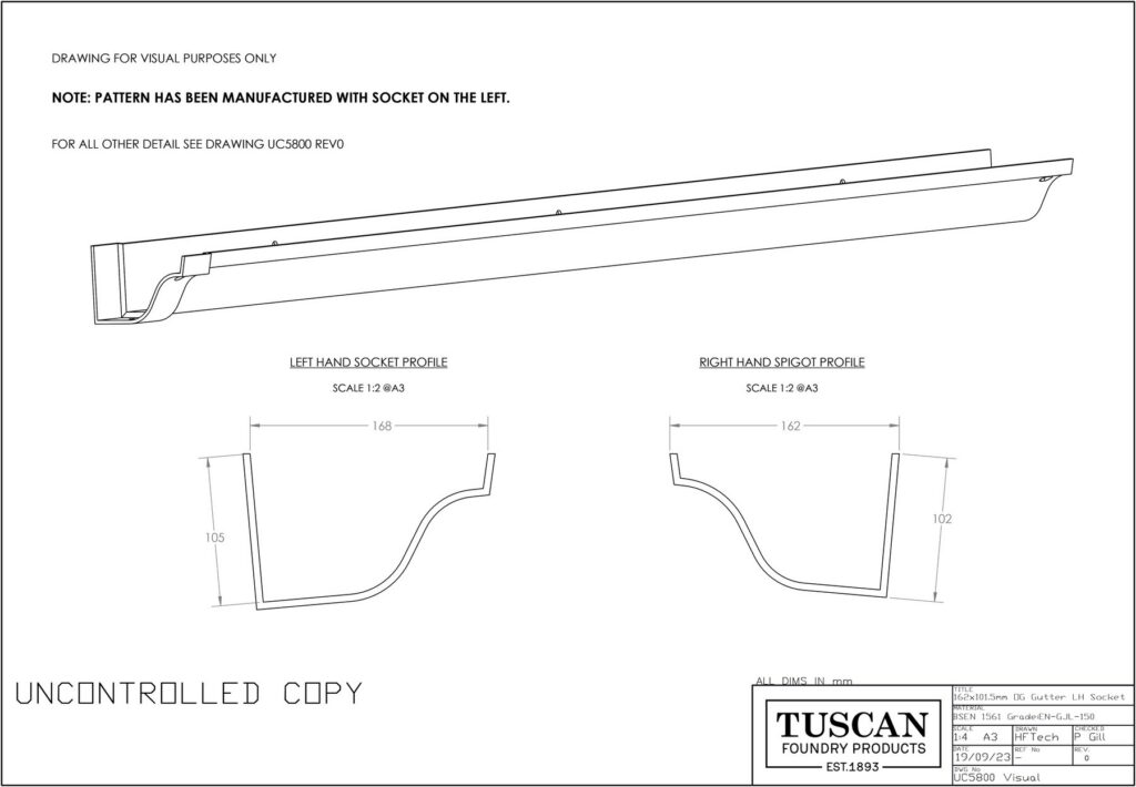 Technical drawing of a 162mm cast iron Ogee gutter, left hand socket
