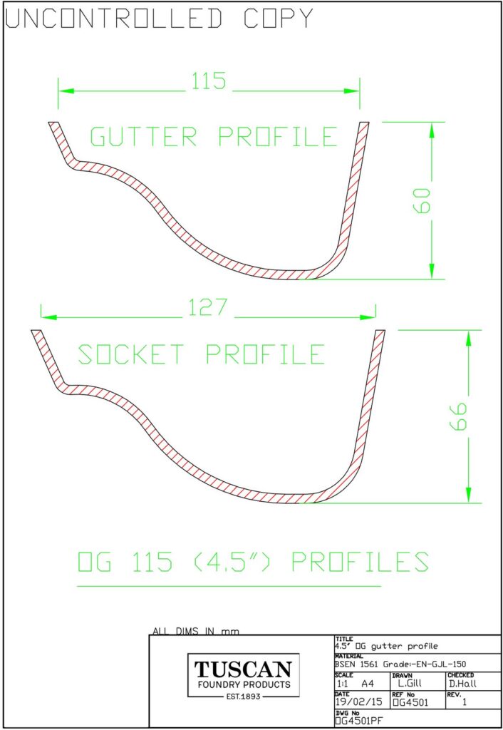 Technical drawing of a 115mm (4.5") cast iron Ogee gutter profile, socket and spigot