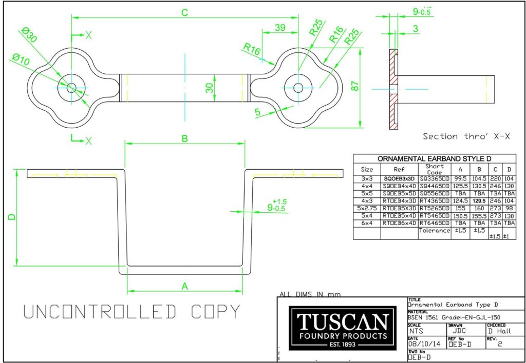 Technical drawing of a cast iron ornamental earband, Type D, for downpipe fixing