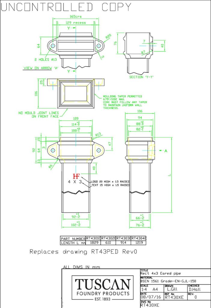 Technical drawing of a cast iron rectangular downpipe, 125 x 75mm
