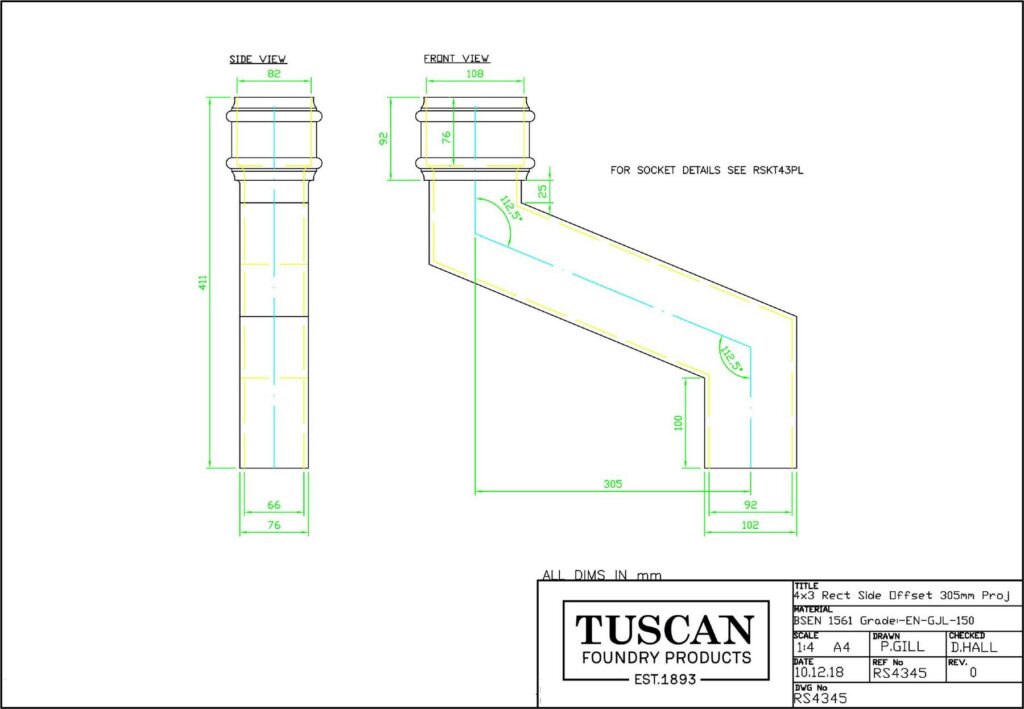 Technical drawing of a cast iron rectangular downpipe side offset, 305mm projection