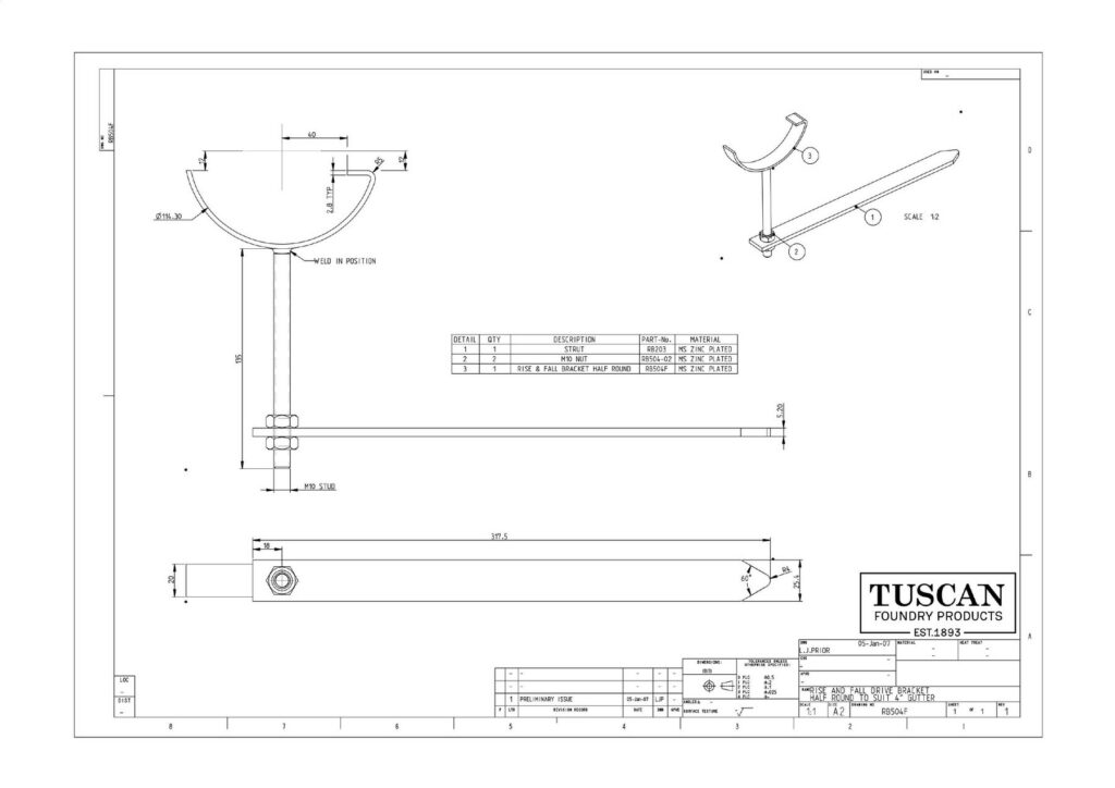 Assembly drawing of a cast iron rise and fall drive bracket for half round gutter