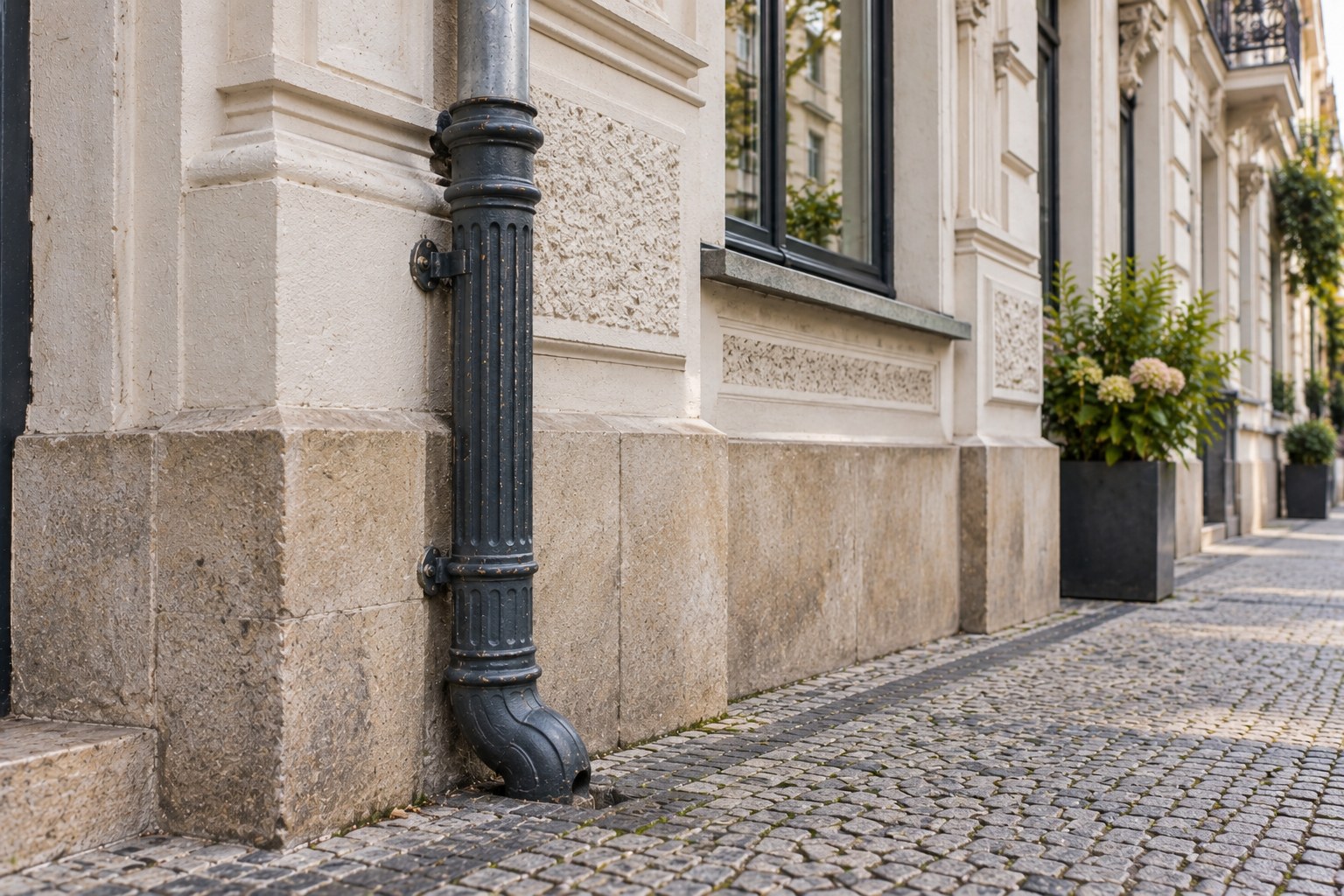 Fluted cast iron Regenstandrohr connecting a zinc downpipe to the drain on a German Gründerzeit building