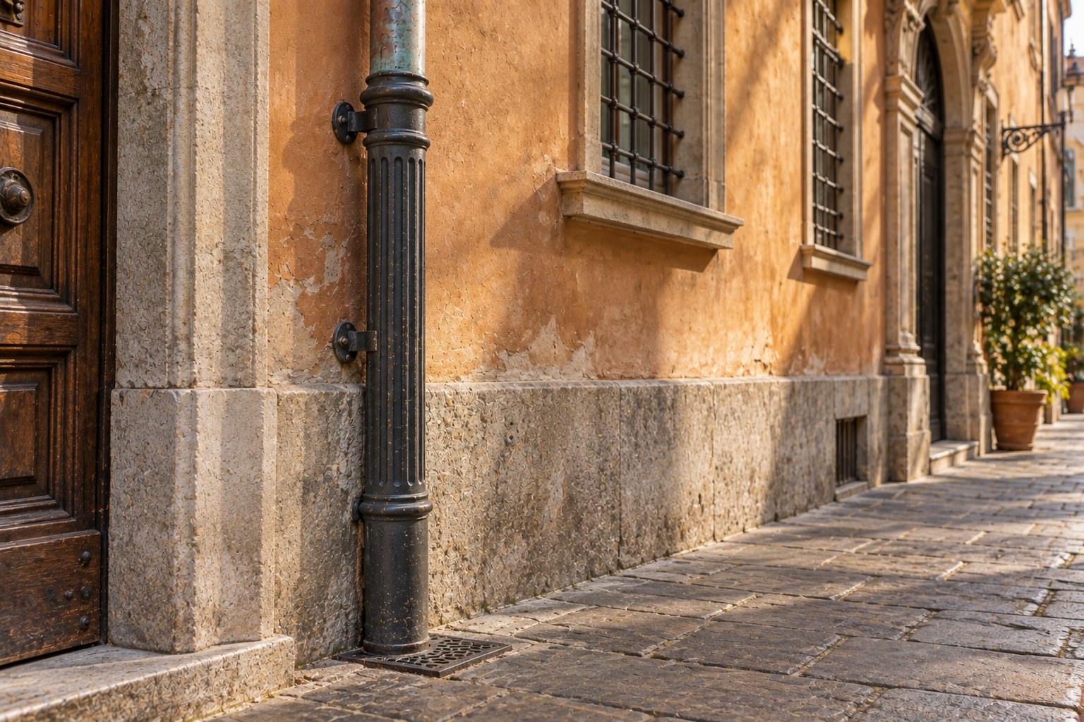 Cast iron terminale at the foot of a patinated copper downpipe on an Italian historic building