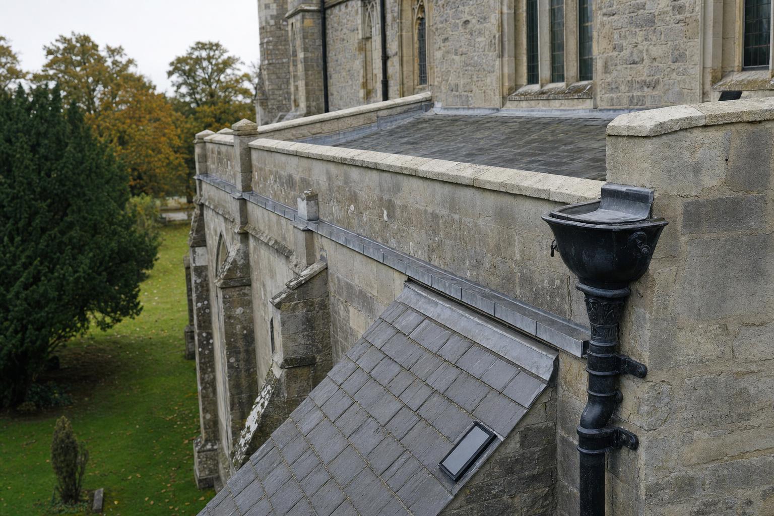 The slate roof and stone parapet of an English parish church with cast iron rainwater goods at the eaves.