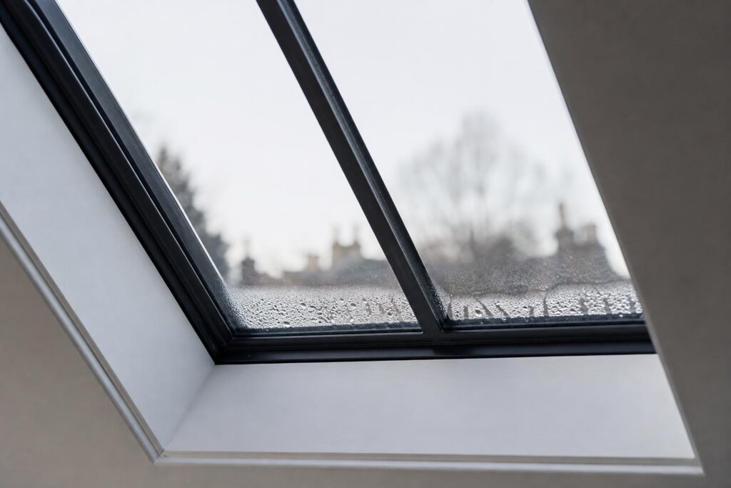 Droplets of condensation along the bottom edge of a conservation rooflight's inner glass on a cold morning