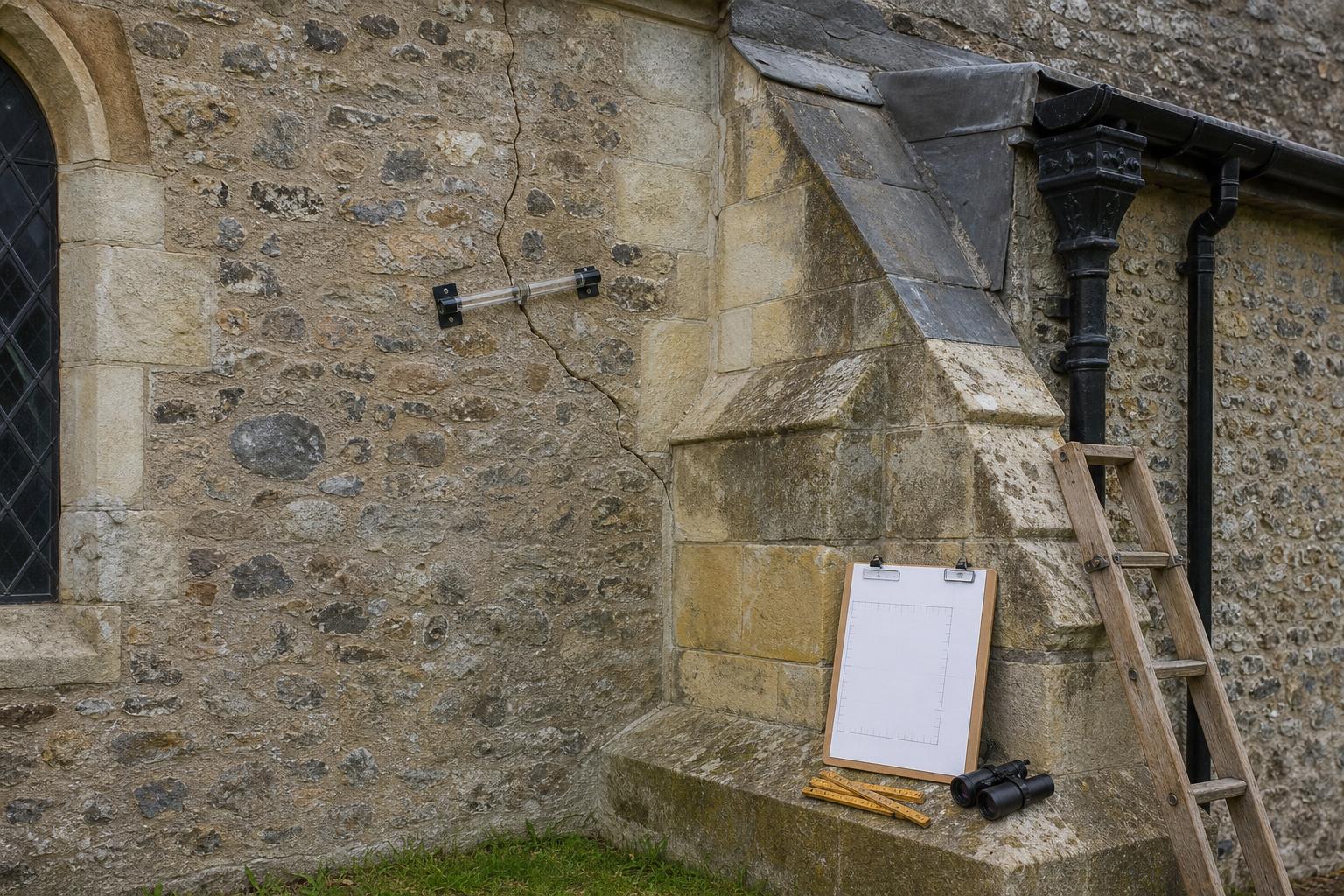 Glass tell-tale crack monitor on a stone church wall with a marked survey drawing, binoculars and a ladder