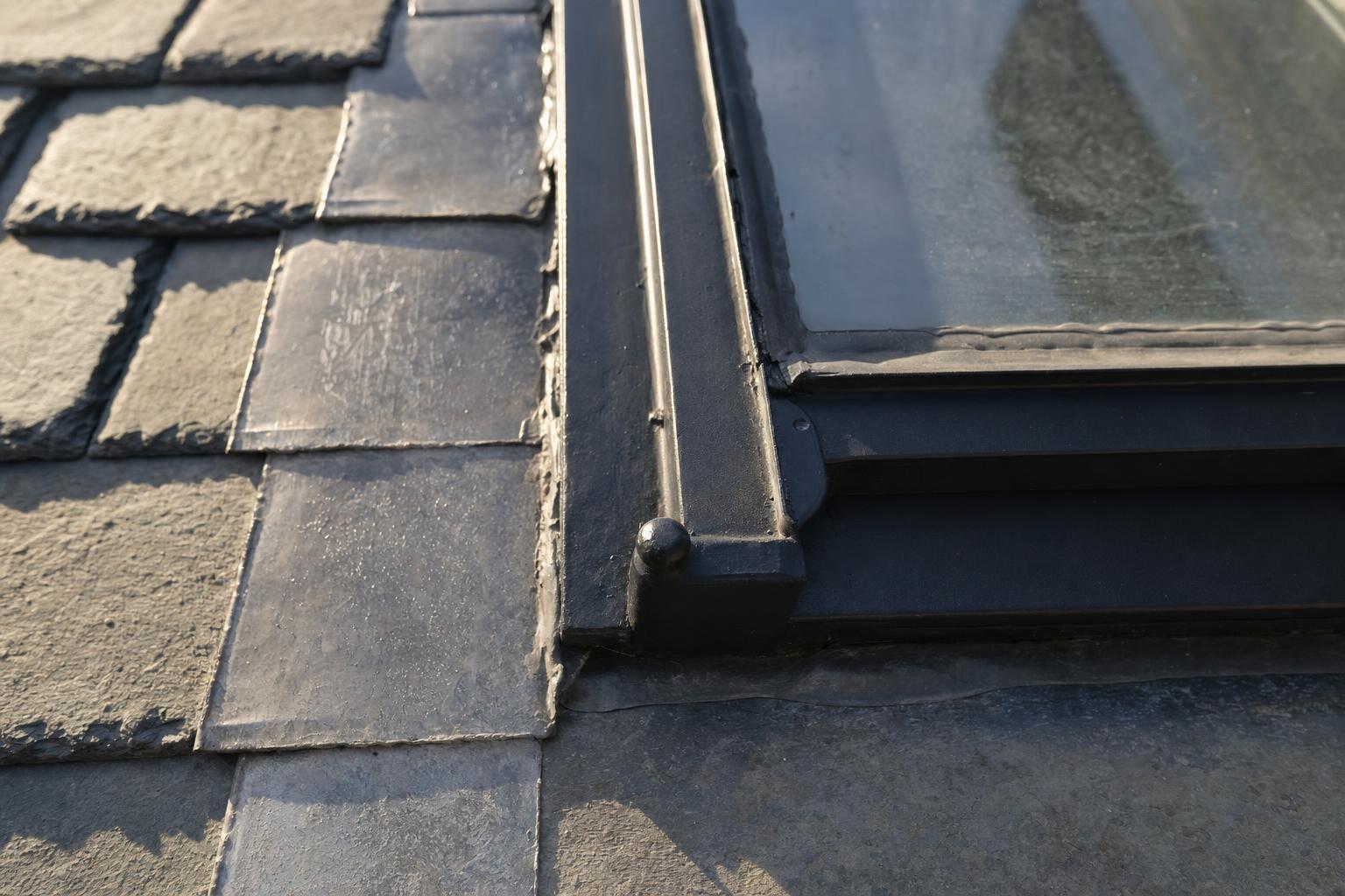 Close detail of a conservation rooflight frame bedded into slate courses, showing the low profile against the roof plane.