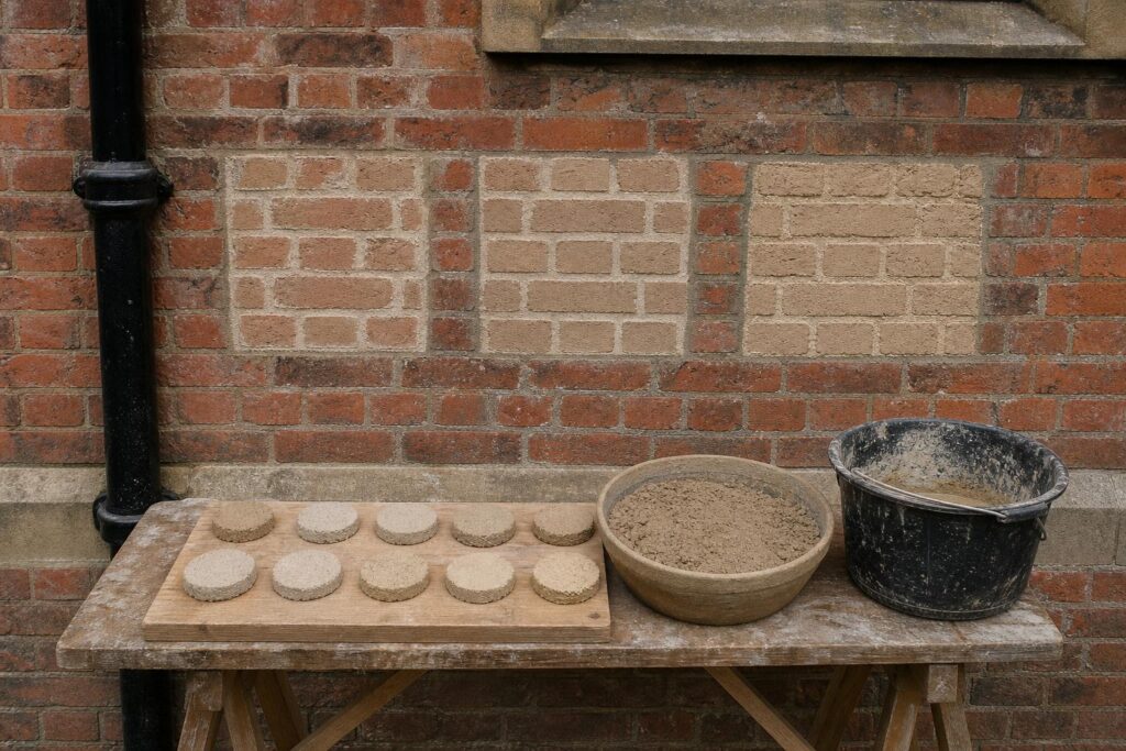 Three trial panels of lime mortar repointing in a brick wall with a sample board of mortar biscuits on a trestle
