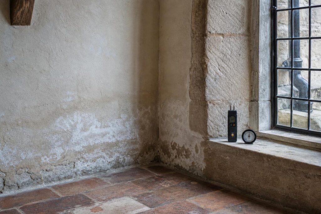Corner of an old cottage room with a tide mark, salt efflorescence and blistered paint on lime plaster, a pin moisture meter on the sill