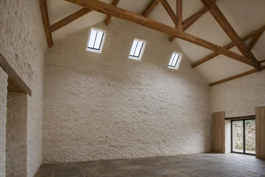 Even daylight from a line of three small conservation rooflights high on the north slope of a converted stone barn