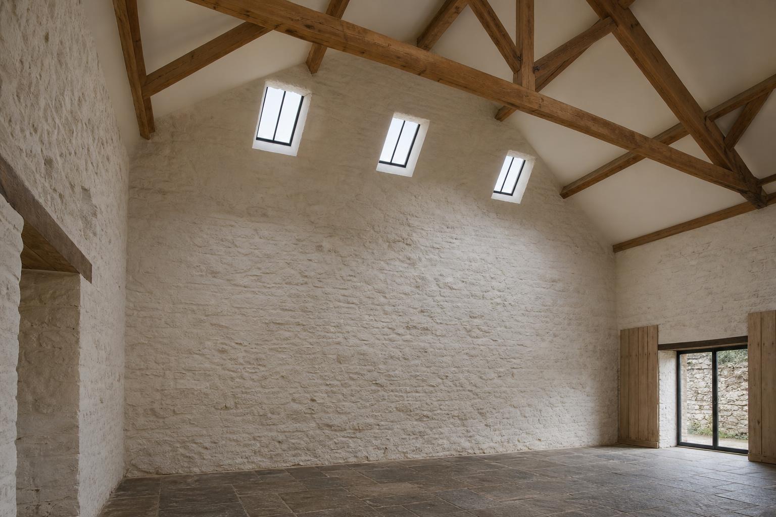 Even daylight from a line of three small conservation rooflights high on the north slope of a converted stone barn