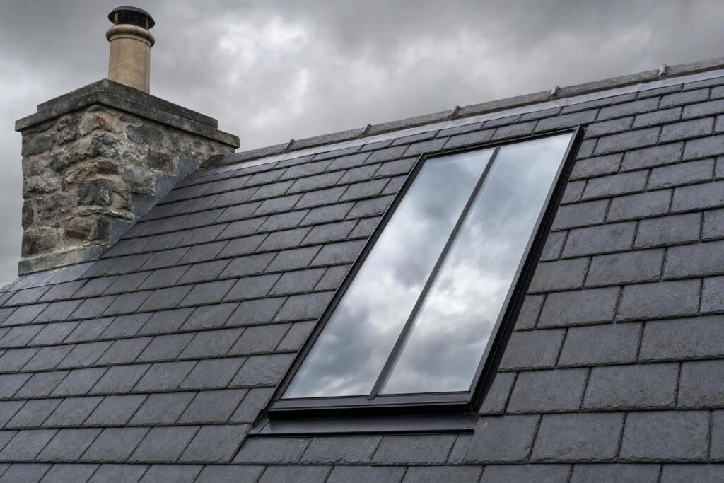 A slim black steel heritage rooflight with a central glazing bar set into a slate roof beside a stone chimney.