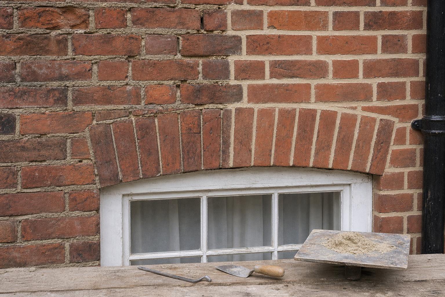 Georgian red brick wall with a gauged flat arch, repointing in lime mortar in progress: raked joints on one side, new flush joints on the other