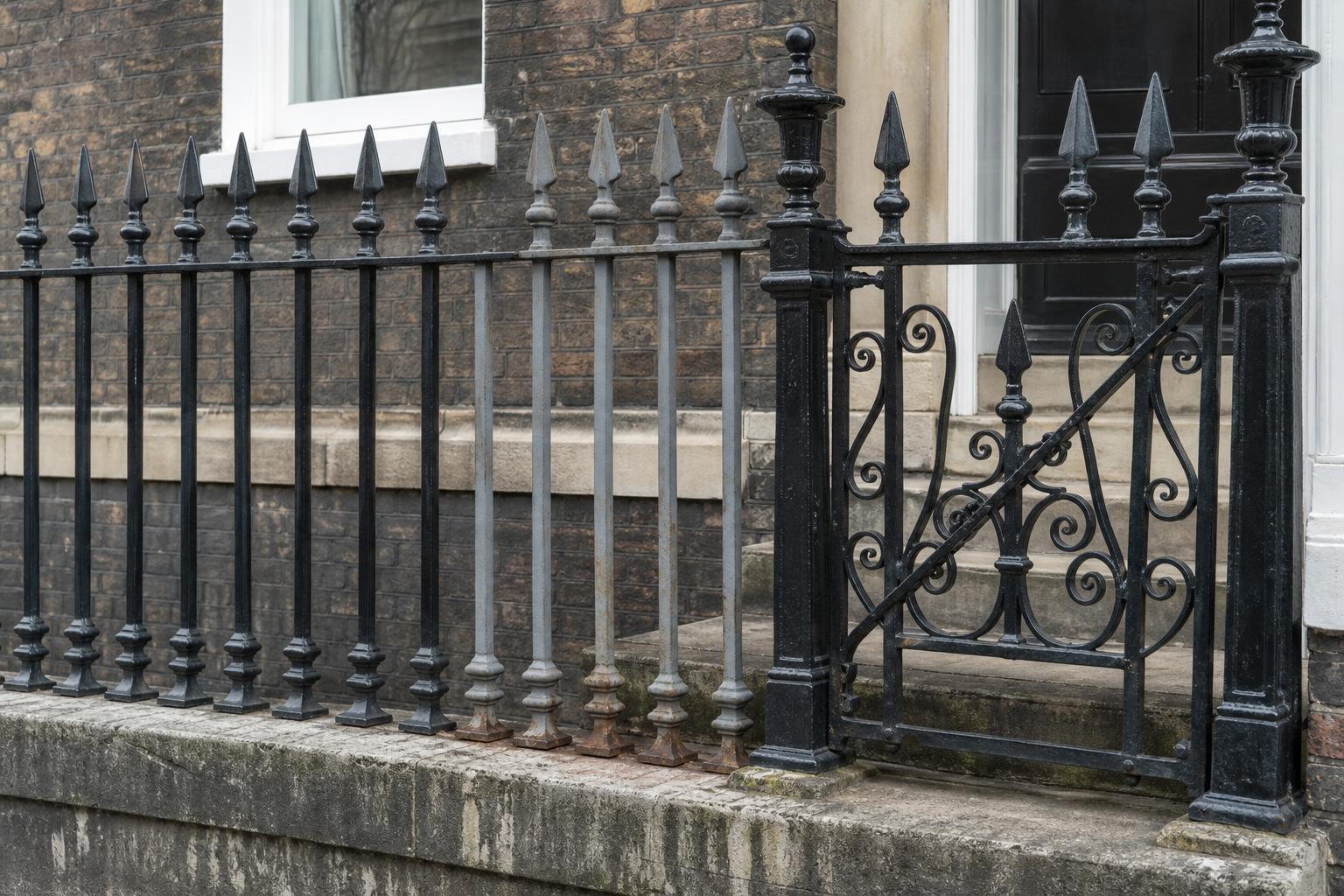 Victorian cast iron railings with spear finials and a cast iron gate on a stone plinth, one panel stripped for repair