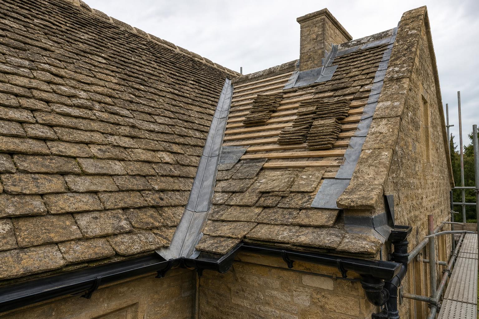 Cotswold stone slate roof in diminishing courses with a lead-lined valley, a stripped section on battens and a cast iron gutter