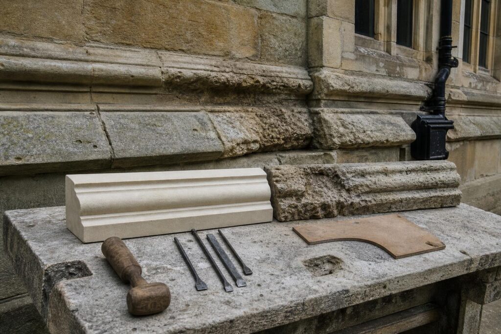 Bath stone ashlar façade with an eroded cornice and a newly carved indent piece beside the decayed original on a mason's bench