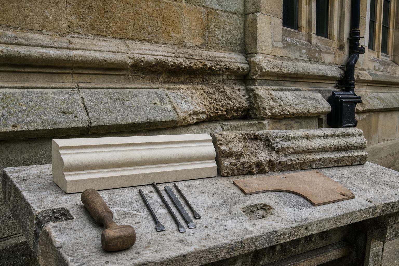 Bath stone ashlar façade with an eroded cornice and a newly carved indent piece beside the decayed original on a mason's bench