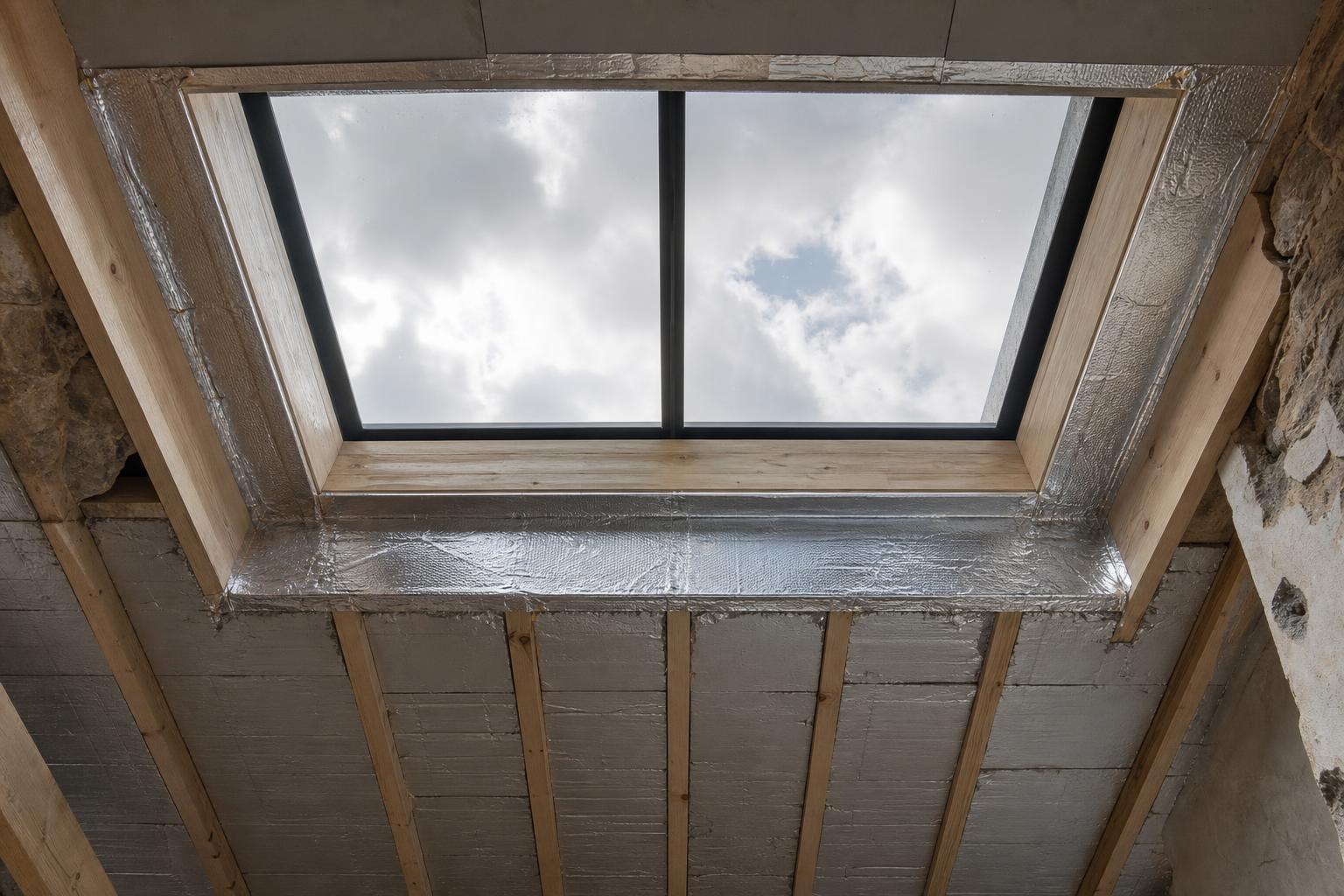 Roof insulation returned to a rooflight liner with a vapour control layer taped to the frame before plastering